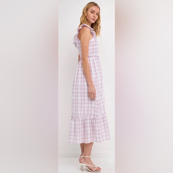 English Factory Plaid Flutter Sleeve Midi Ruffle Dress - Picture 2 of 7